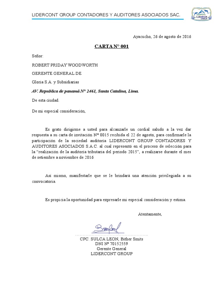 CARTA DE ACEPTACION EN AUDITORIA