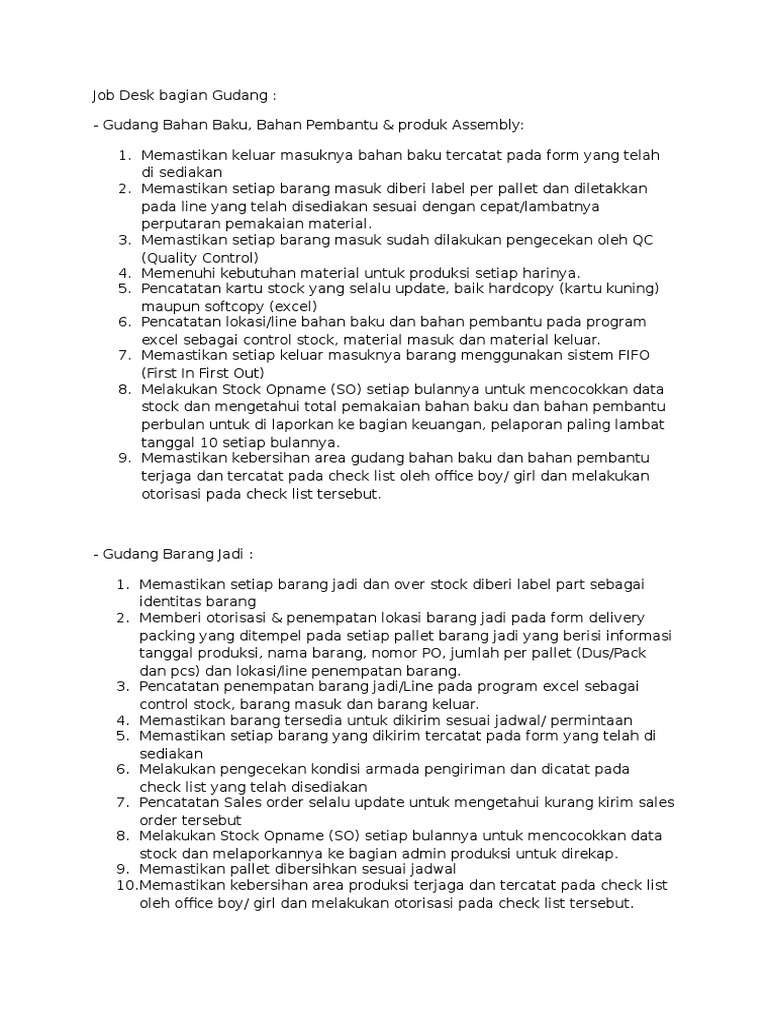 Job Desk Bagian Gudang PDF
