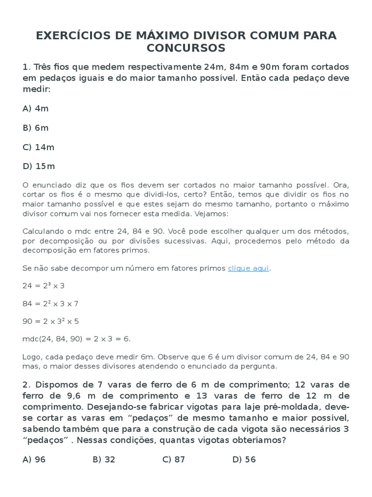 Exercícios de Máximo Divisor Comum Para Concursos Prof | Número Primo ...