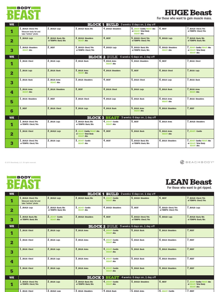 Body Beast Calendar Printable