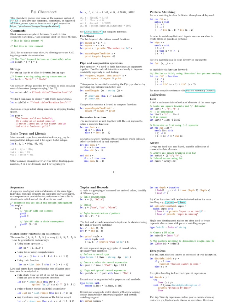 Fsharp Cheatsheet | PDF | String (Computer Science) | Array Data Structure