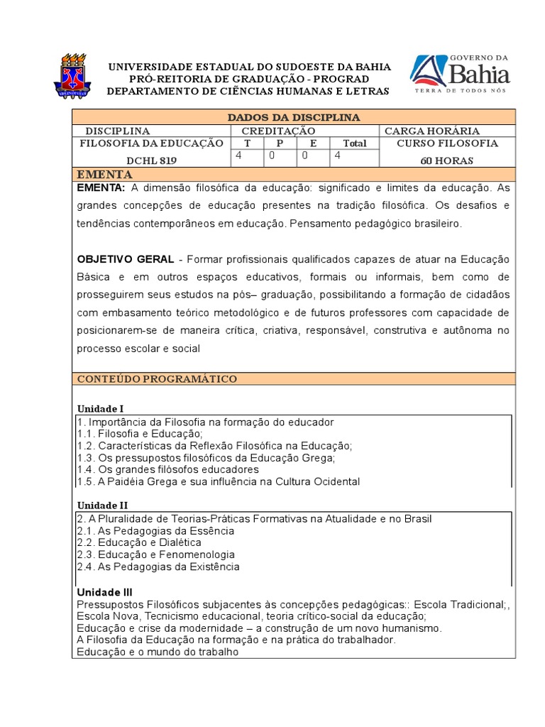 Plano de Curso de Filosofia Da