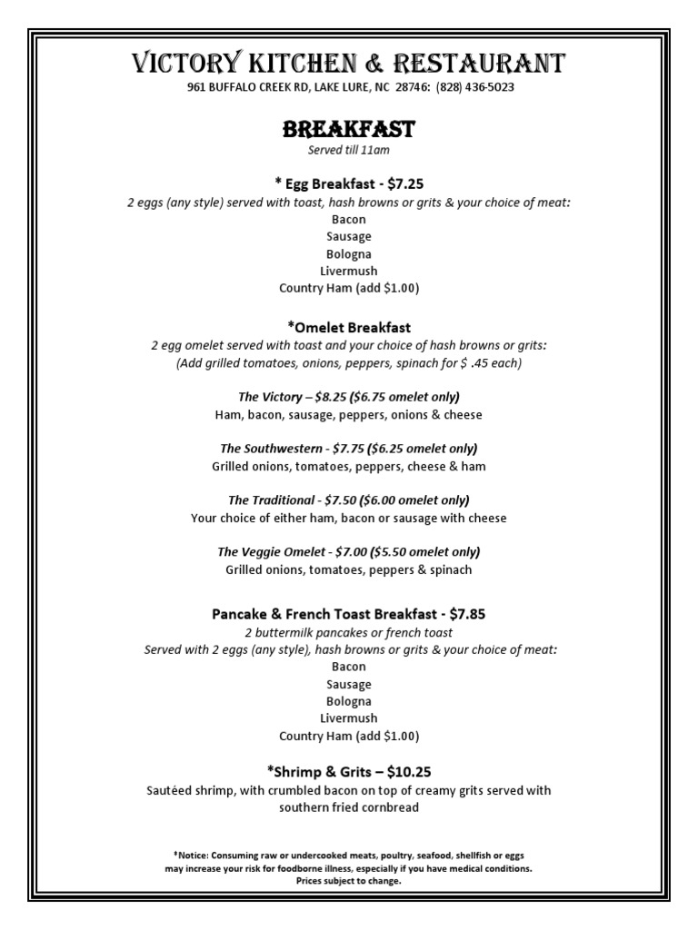 Victory Kitchen Breakfast Menu | PDF | Sausage | Bacon