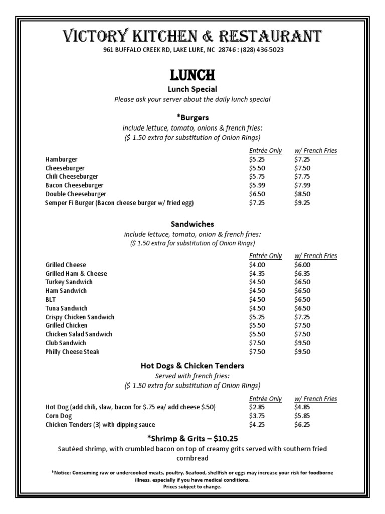Victory Kitchen & Restaurant Lunch Menu Salad Hamburgers