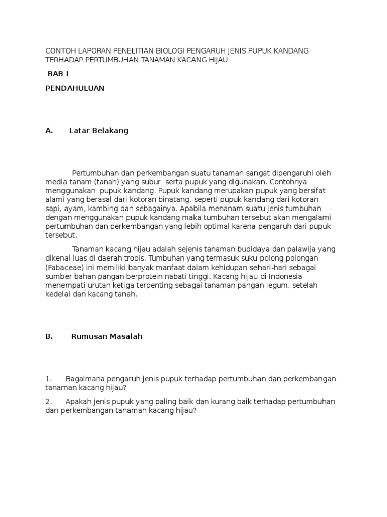 Contoh Laporan Penelitian Biologi Pengaruh Jenis Pupuk Kandang Terhadap Pertumbuhan Tanaman Kacang Hijau