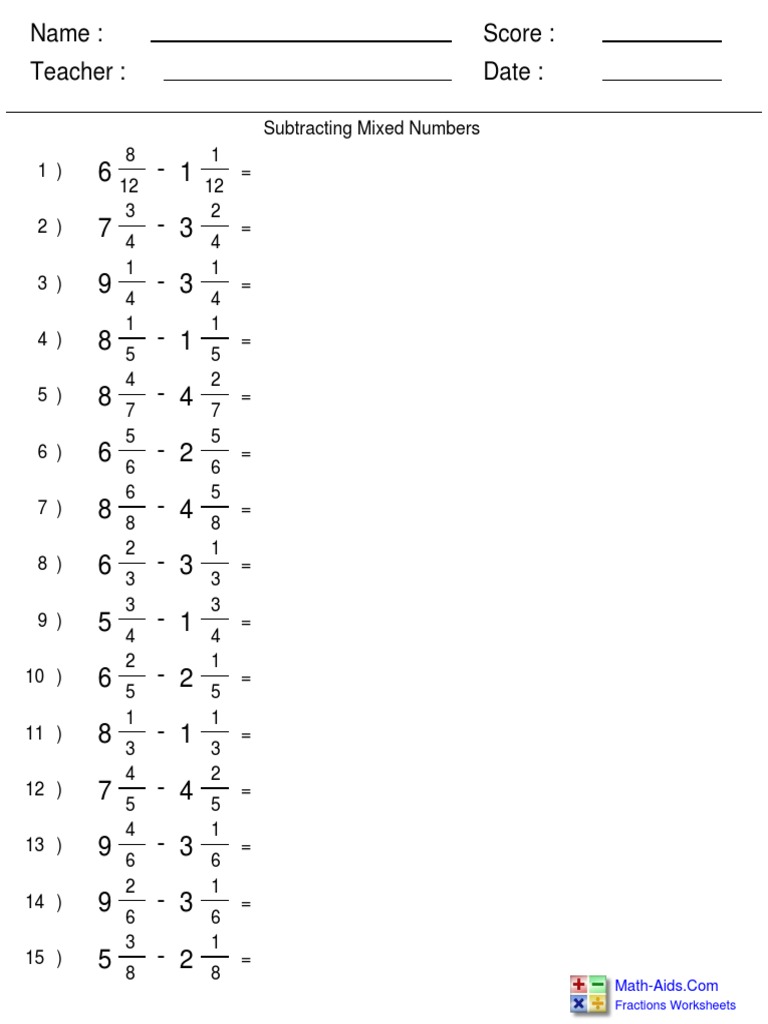 Subtracting Mixed Numbers 223-23  PDF  Fraction (Mathematics)  Algebra Within Subtracting Mixed Numbers Worksheet