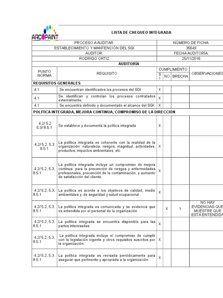 Lista de Chequeo SGI Integrada ISO 9001, 14001, 45001 | PDF | Calidad ...