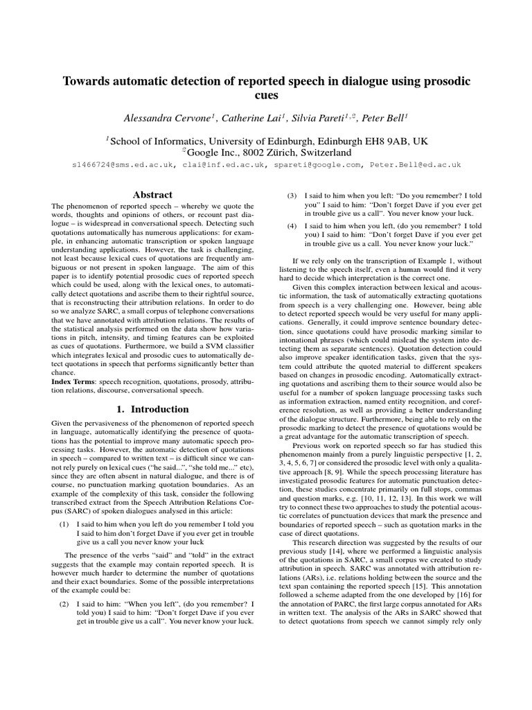 Detecting Reported Speech with Prosody | PDF | Communication | Human ...