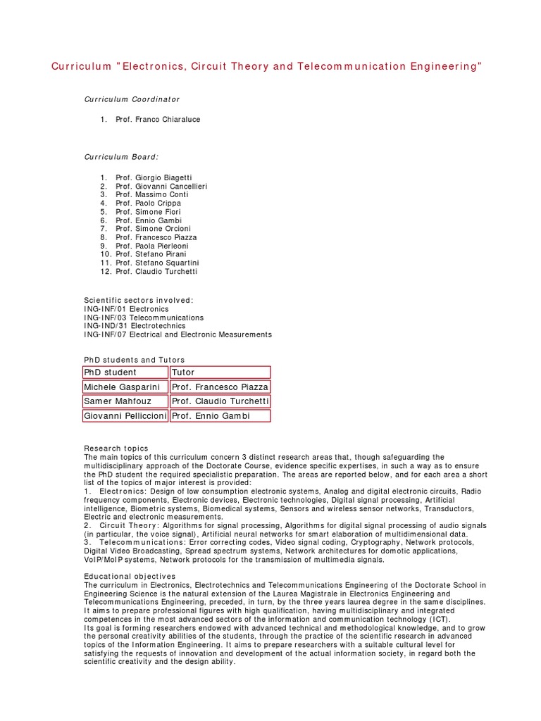 Electronics and Telecommunications PhD Curriculum | PDF | Electrical ...