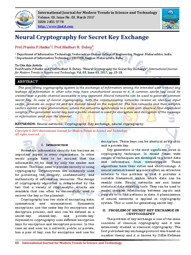Neural Cryptography For Secret Key Exchange | PDF | Cryptography | Key ...