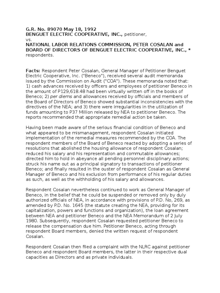 Benguet Electric Cooperative V NLRC | Download Free PDF | Joint And ...