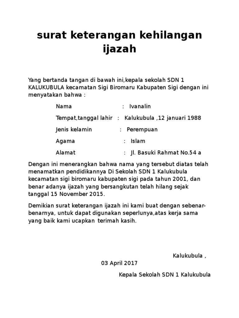 Contoh Surat Keterangan Kehilangan Ijazah  Contoh Surat