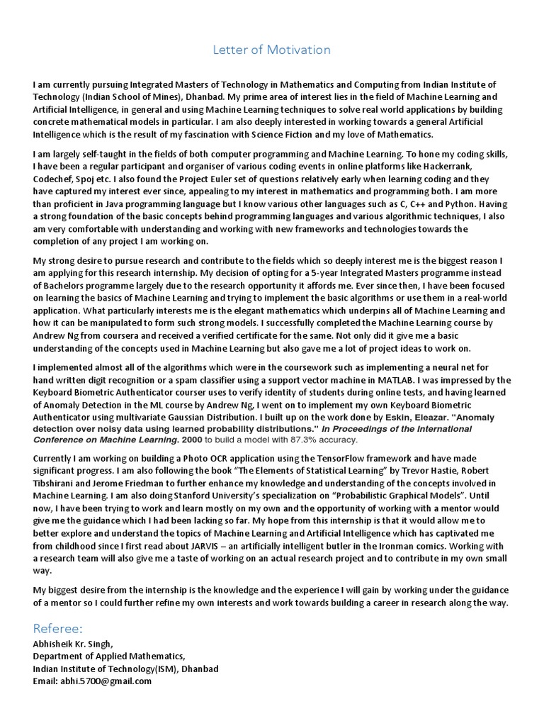 Letter of Motivation | PDF | Machine Learning | Computer Programming