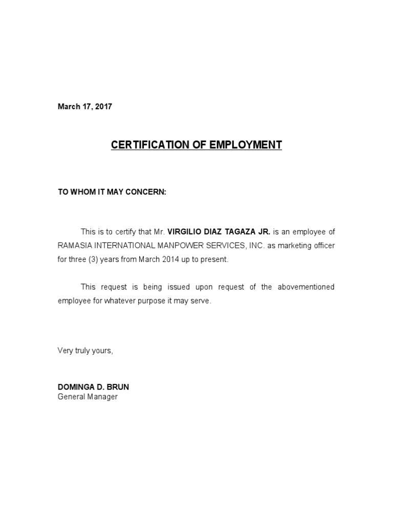 Employment Certification for Virgilio Tagaza Jr. | PDF