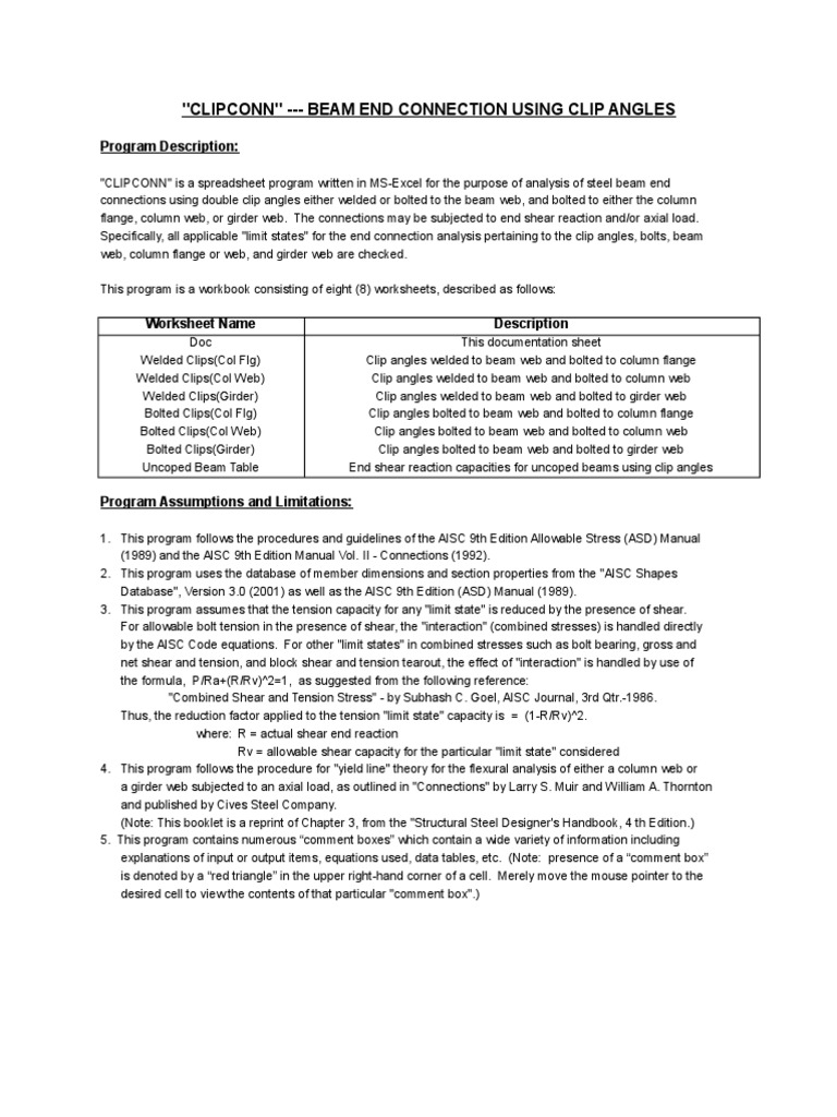 Beam End Connection Using Clip Angles Per AISC 9th Edition (ASD) PDF