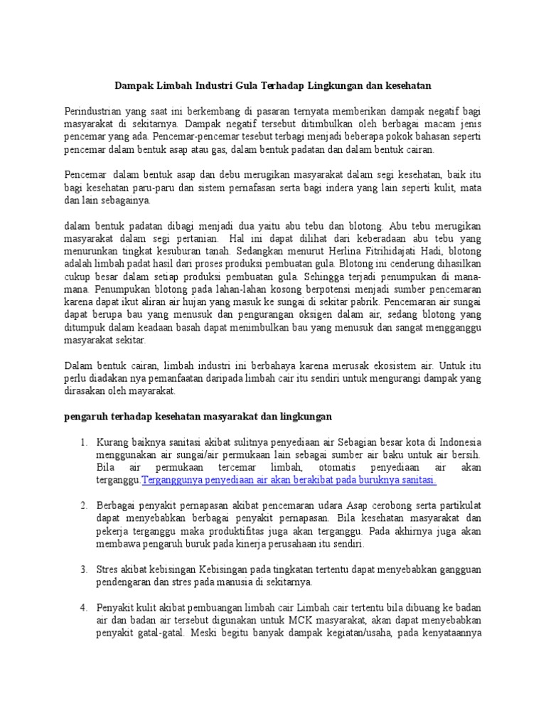 Dampak Limbah Industri Gula Terhadap Lingkungan Dan Kesehatan