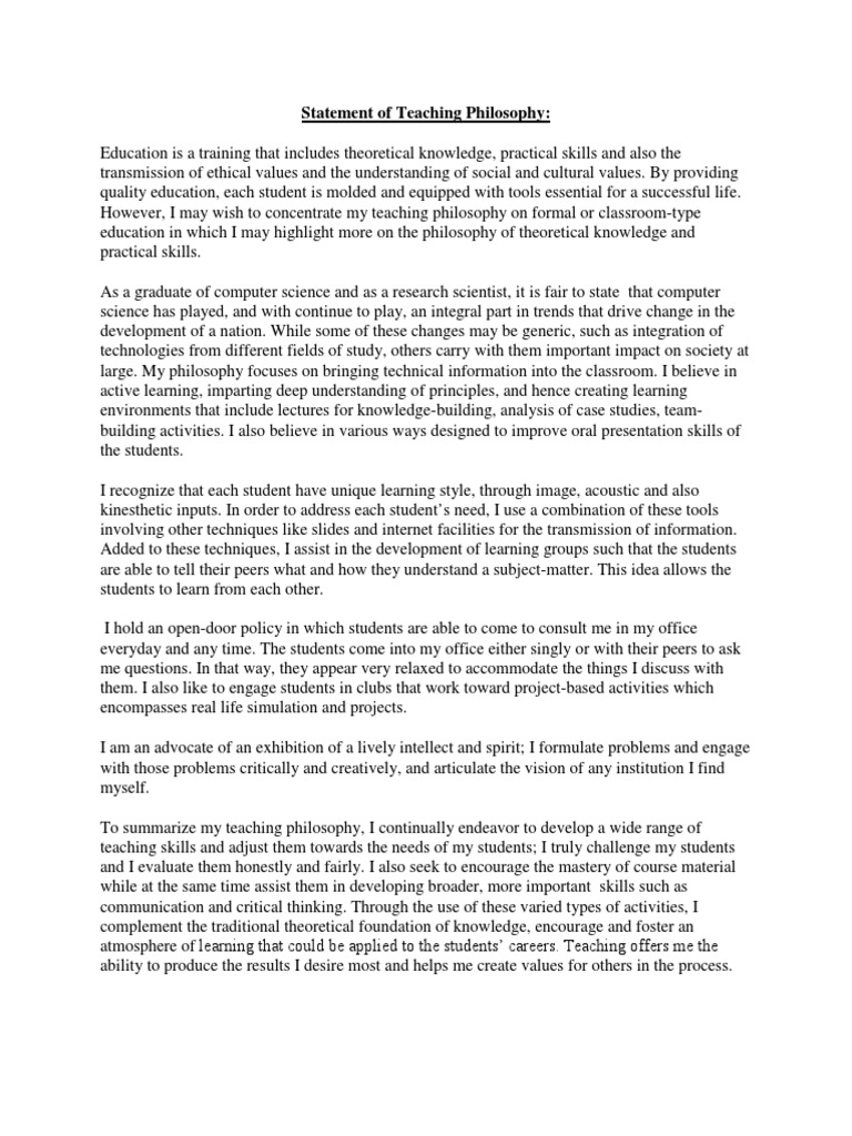 Personal Teaching Philosophy Overview | PDF | Project Based Learning ...