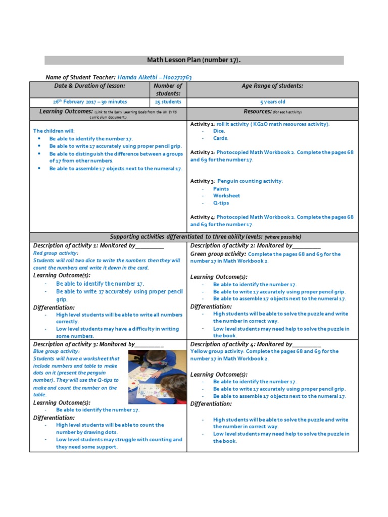 Math Lesson Plan for Number 17 | PDF | Lesson Plan | Color