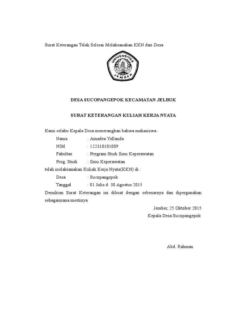 Surat Keterangan Telah Selesai Melaksanakan Kkn Dari Desa