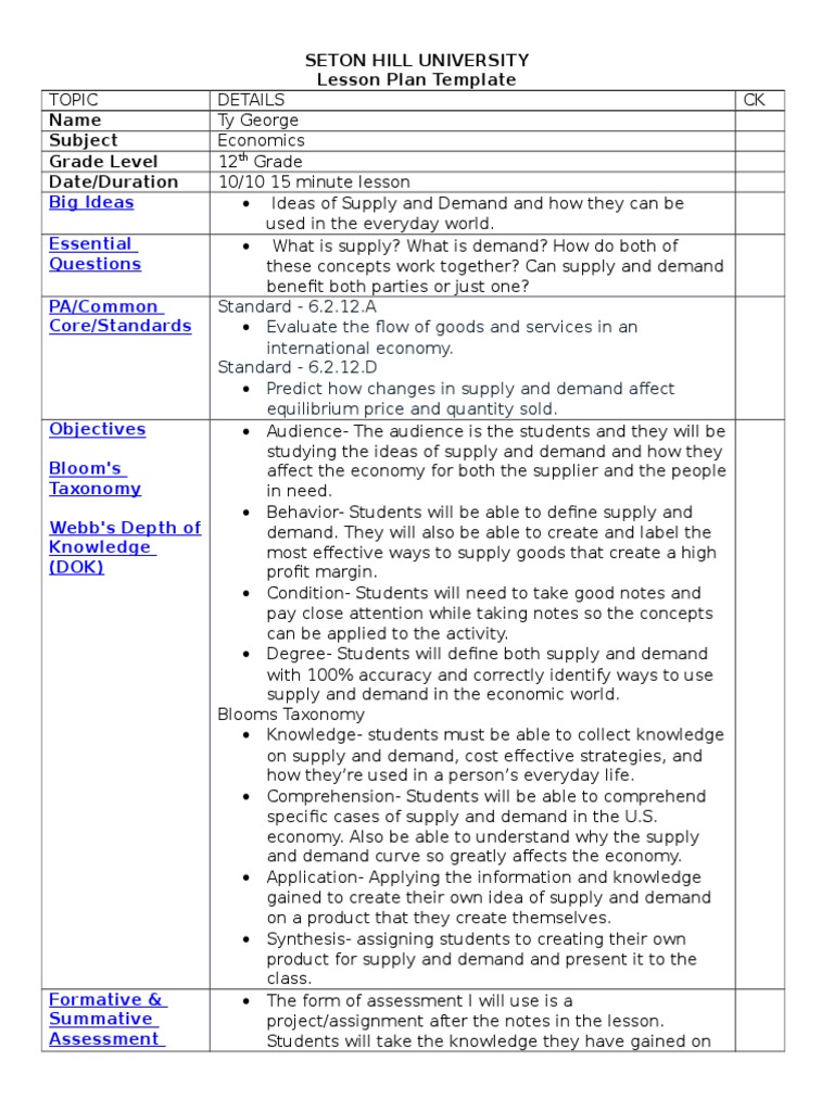 Supply and Demand Lesson Plan for 12th Grade | PDF | Demand | Supply ...