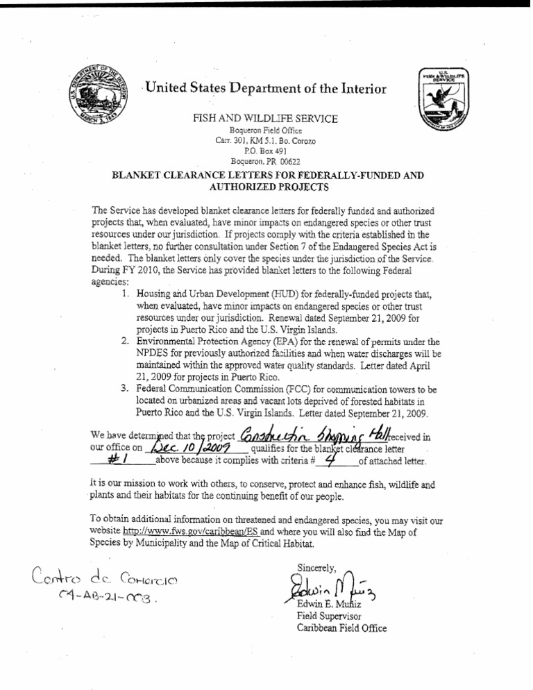 USFWS Blanket Clearance Letter Culebra Shopping Center PDF