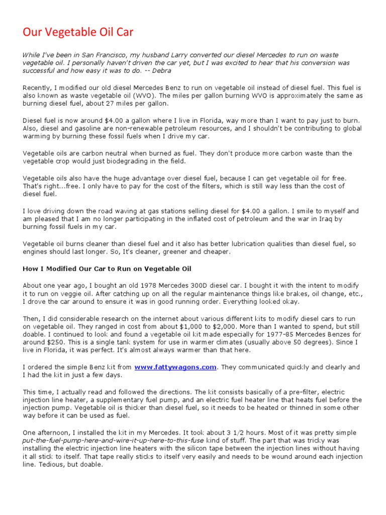 Our Vegetable Oil Car PDF Diesel Fuel Biodiesel