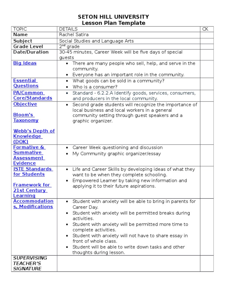 Seton Hill University Lesson Plan Template: Name Subject Grade Level ...