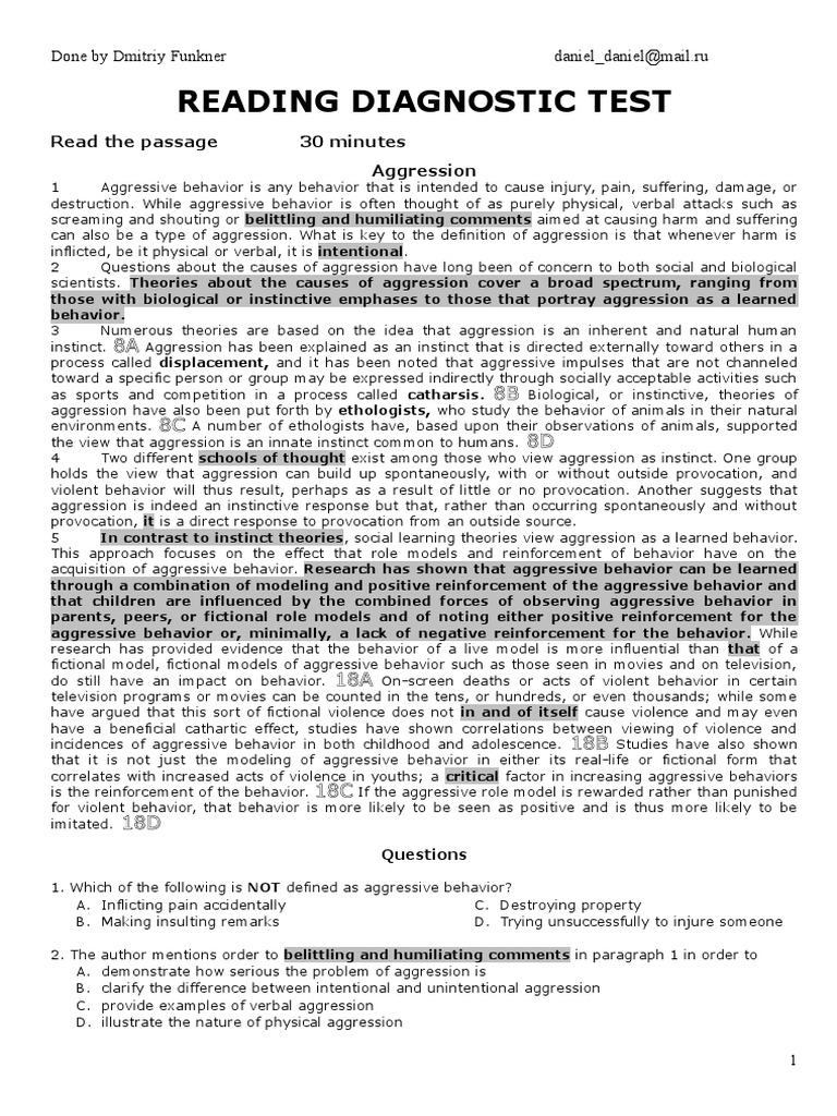 01 Reading Diagnostic Test Student Aggression Reinforcement
