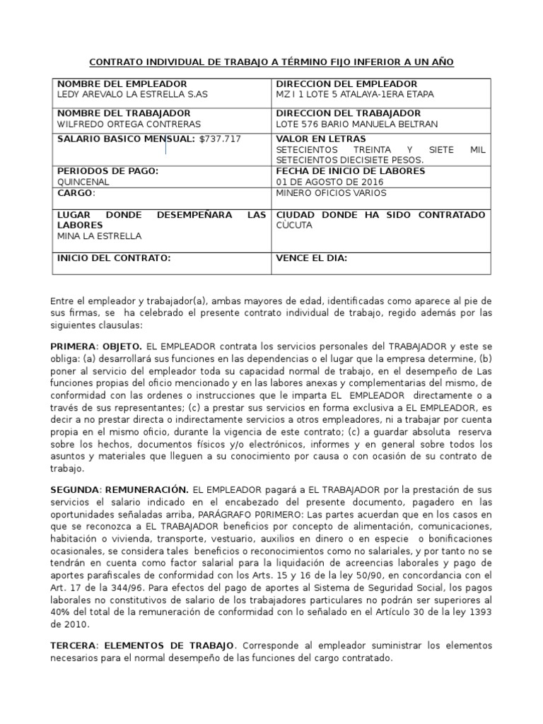 Modelo Contrato Minero Año  Wilfredo | PDF | Derecho laboral |  Salario
