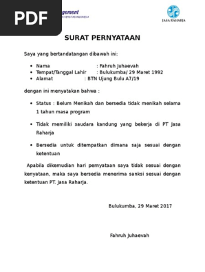 Surat Pernyataan Pt Jasa Raharja 2017 Pdf