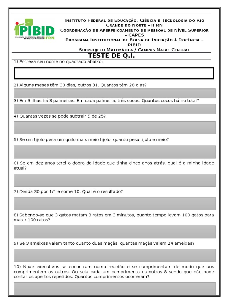 Teste de QI Infantil: 10 Perguntas | PDF | Quociente de inteligência