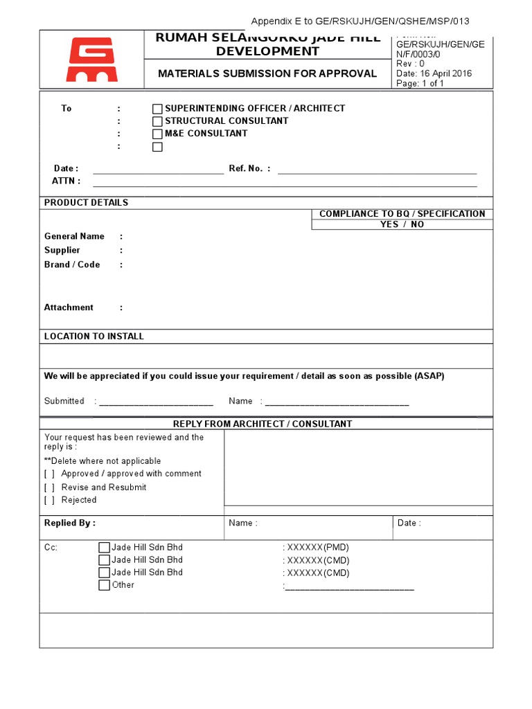Appendix E Material Submission for Approval Form Business