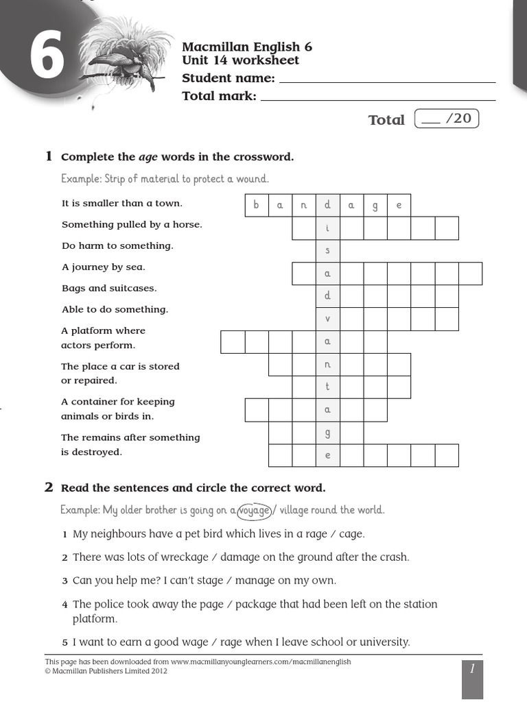 Total Macmillan English 6 Unit 14 Worksheet Student Name Total Mark