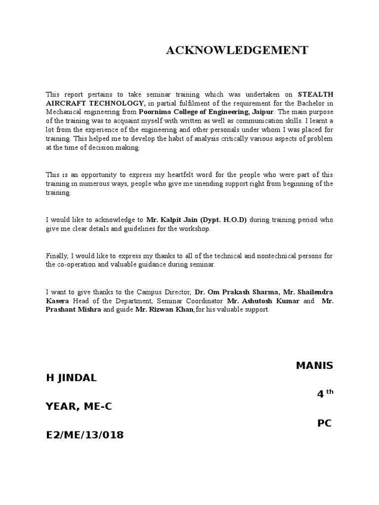 Acknowledgement: Manis H Jindal 4 Year, Me-C PC E2/ME/13/018 | PDF