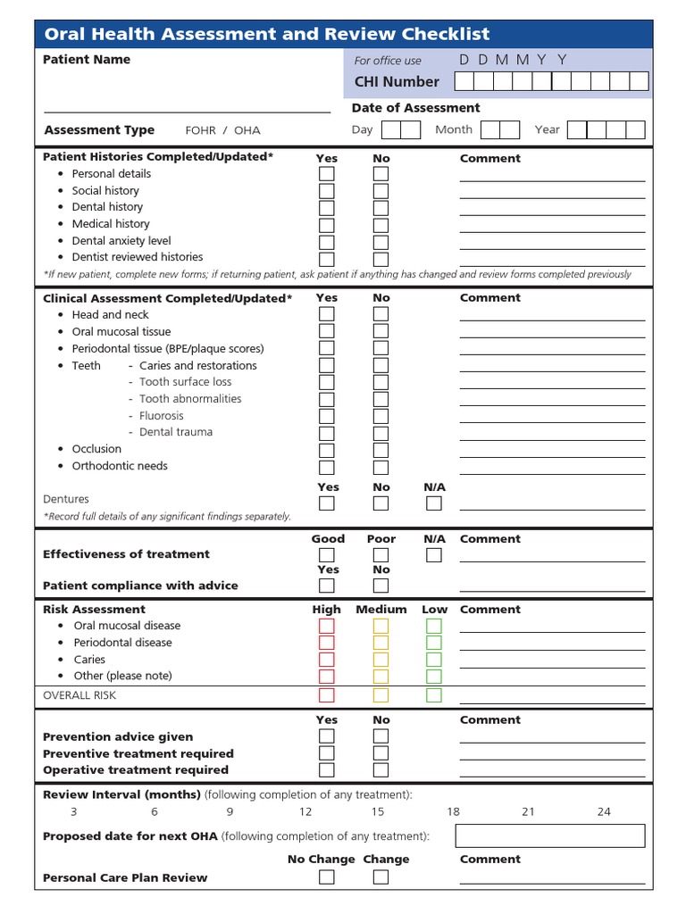 Oral Health Assessment and Review Checklist: CHI Number | PDF