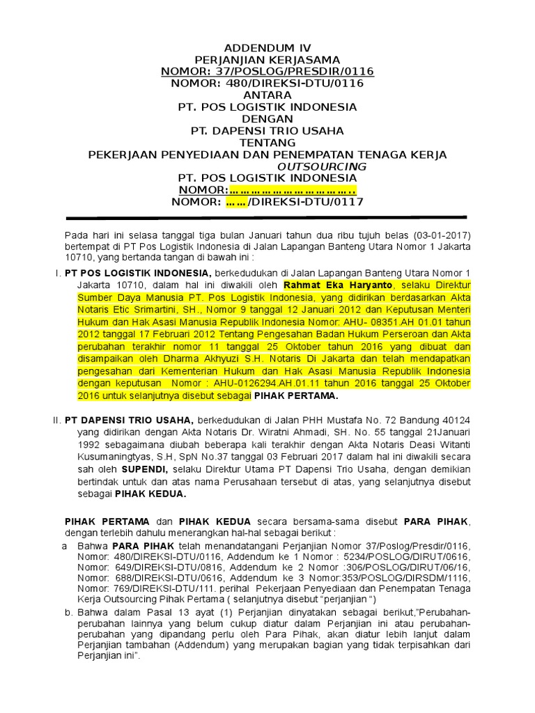 Addendum Pks Pos Logistik Jan - Jun 2017 | PDF