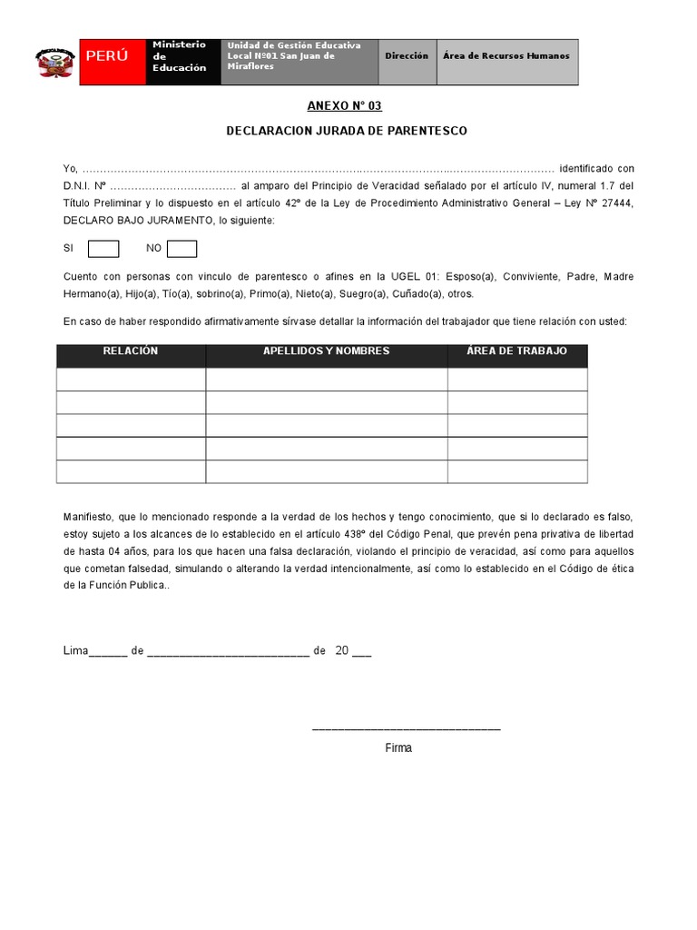 Anexo #03 Declaracion Jurada de Parentesco 03 01 17 1 | PDF
