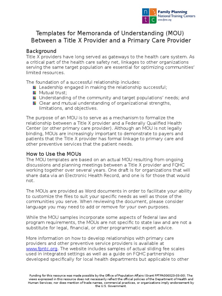 MOU Templates for Title X Providers | PDF | Electronic Health Record ...