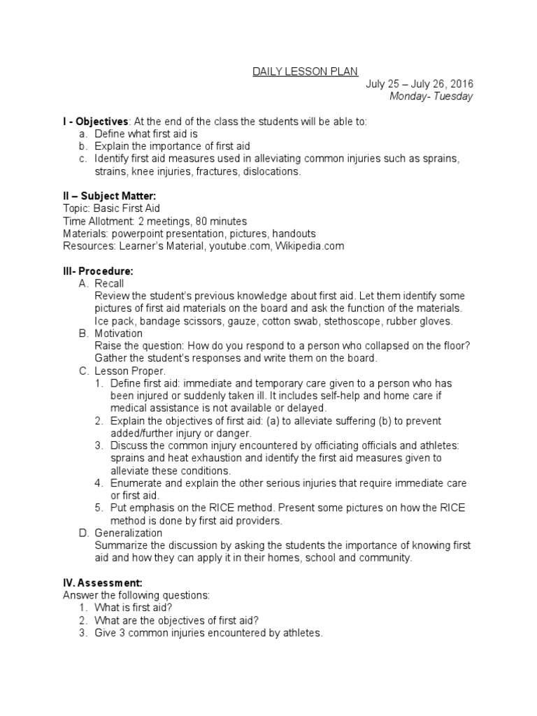 Daily Lesson Plan July 25 Lesson Plan First Aid