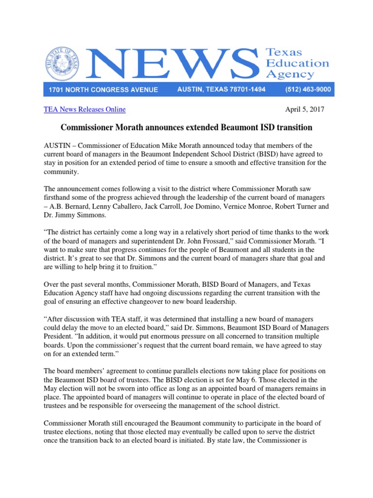 TEA Announcement On BISD PDF Board Of Directors Public Sphere