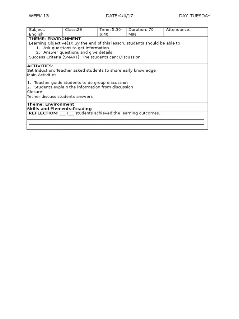 Week 13 DATE:4/4/17 Day: Tuesday: Theme: Environment | PDF | Career ...