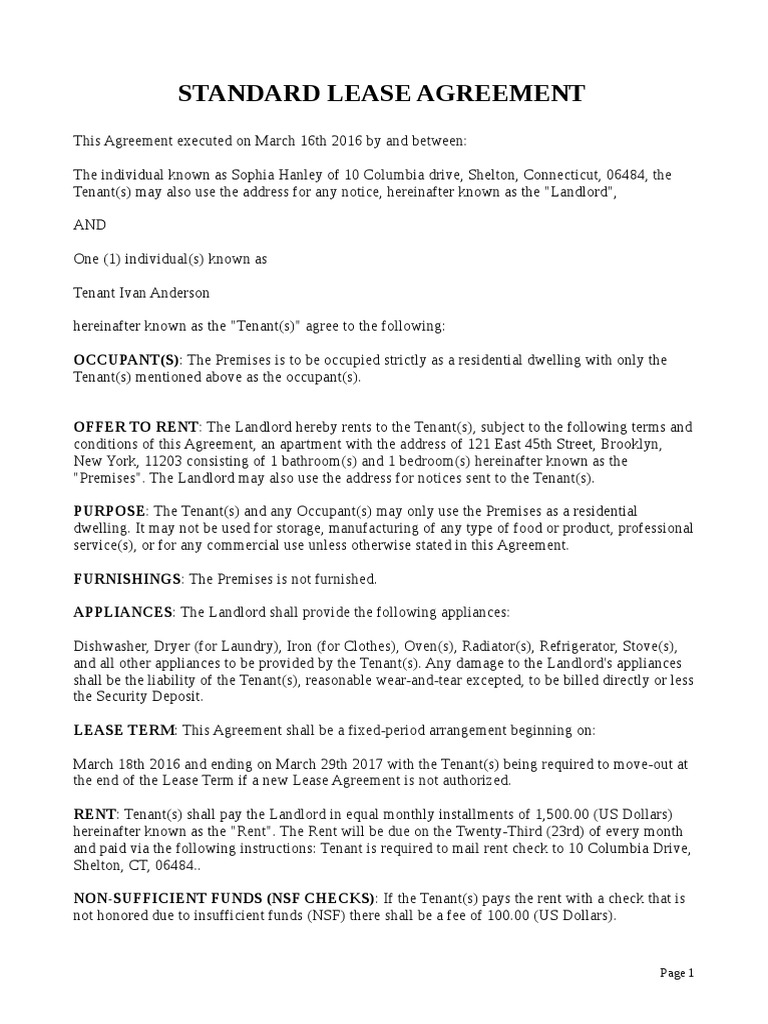 New York Standard Lease Agreement Residential 20170329 Lease Leasehold Estate