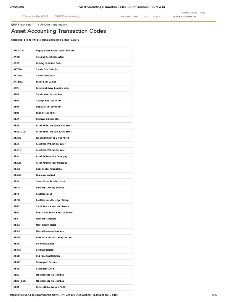 Asset Accounting Transaction Codes - ERP Financials - SCN Wiki PDF ...