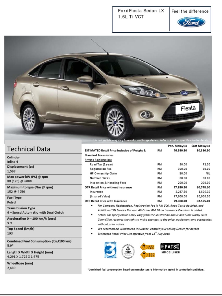 Ford Fiesta Sedan Lx 1 6l Ti Vct Estimated Price List Anti Lock Braking System Seat Belt