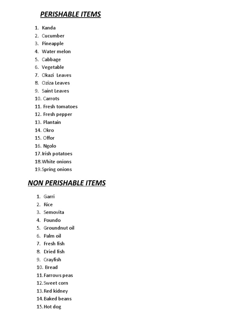 Perishable and Non-Perishable Items List | PDF
