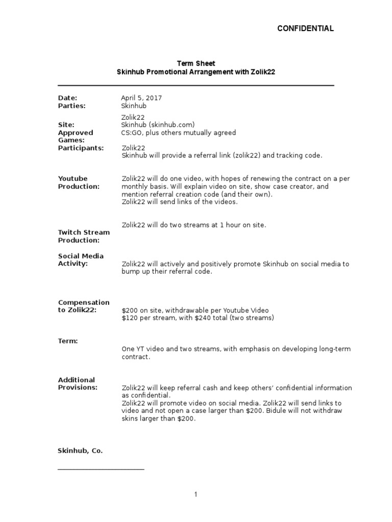 Skinhub Term Sheet Zolik22 Docx