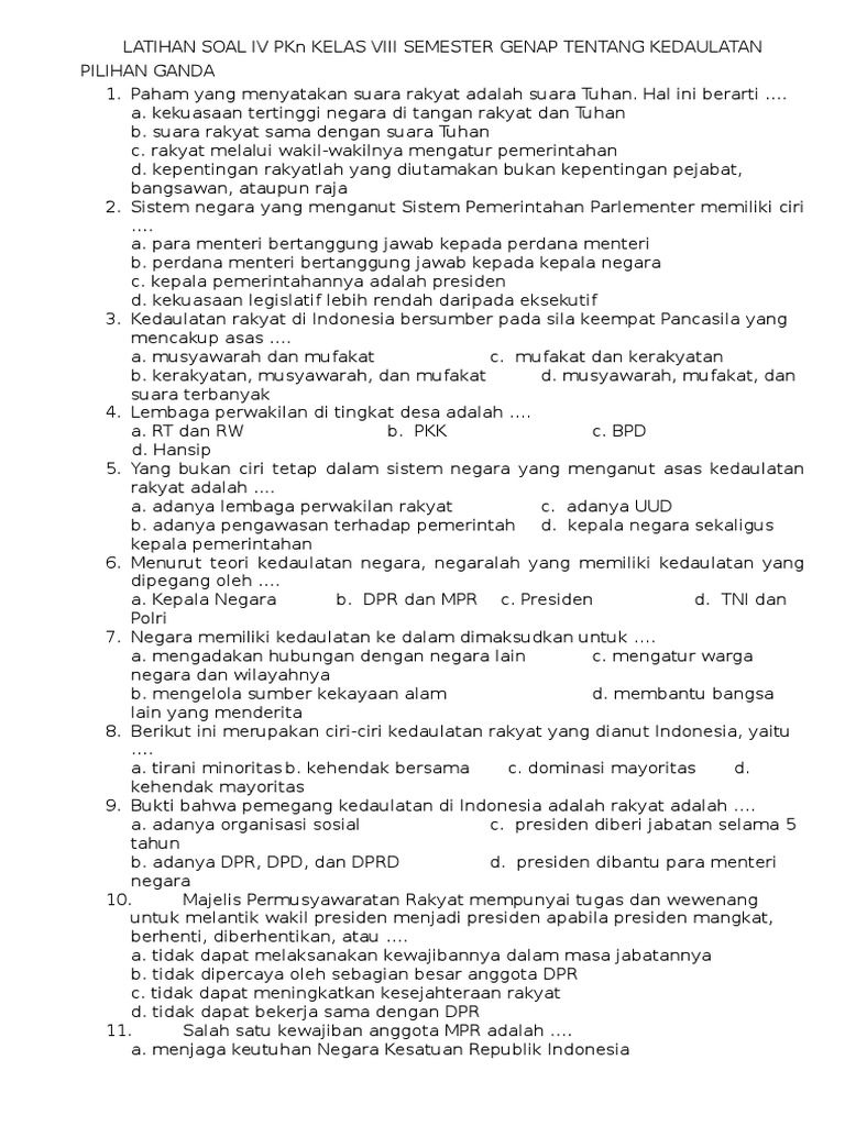 Latihan Soal Iv Pkn Kelas Viii Semester Genap Tentang Kedaulatan