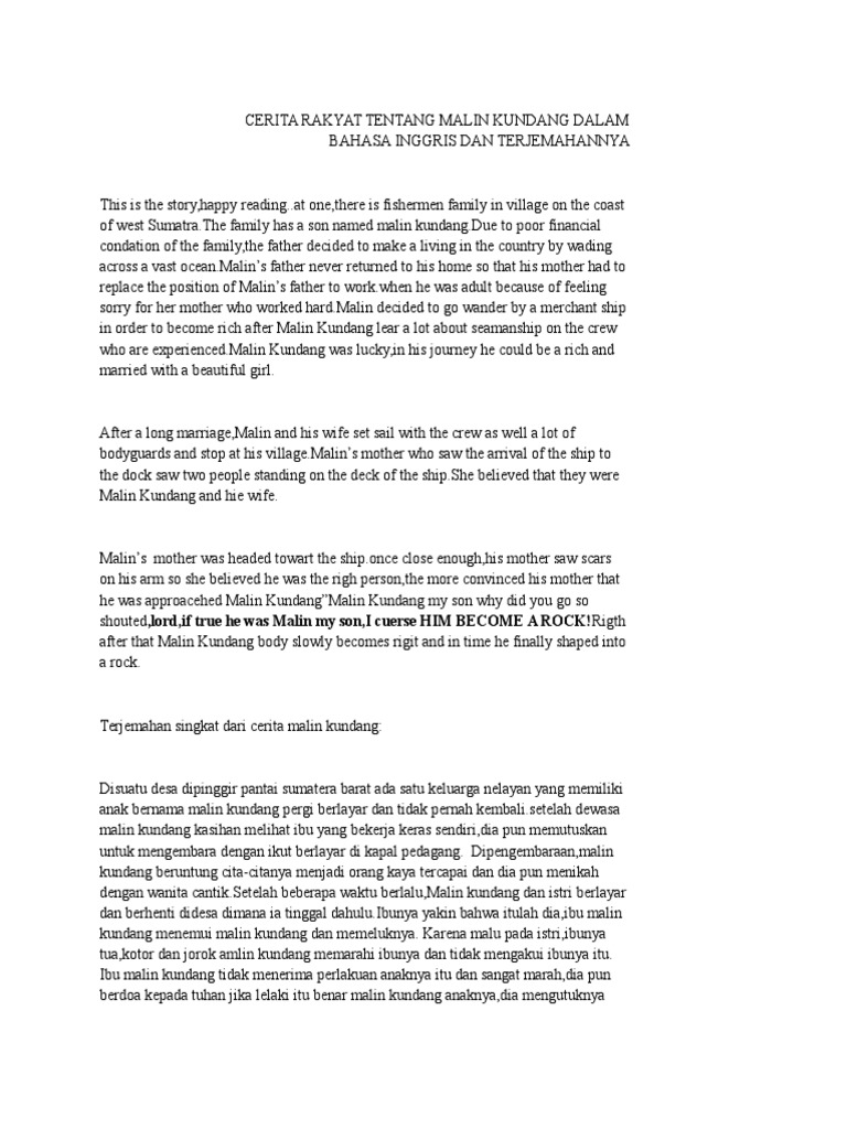 Cerita Rakyat Tentang Malin Kundang Dalam Bahasa Inggris