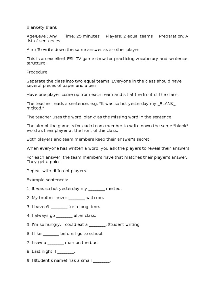 Blankety Blank PDF Leisure Languages