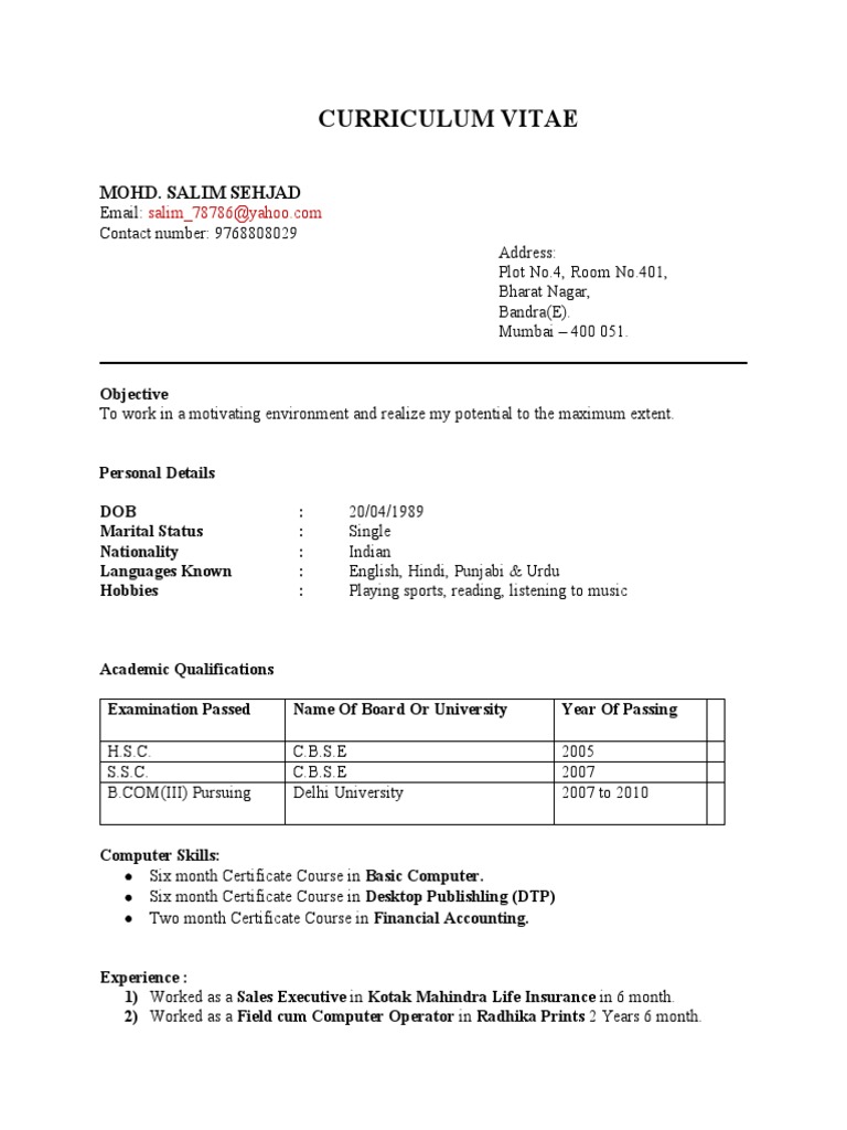 Mohd. Salim Sehjad CV Overview | PDF